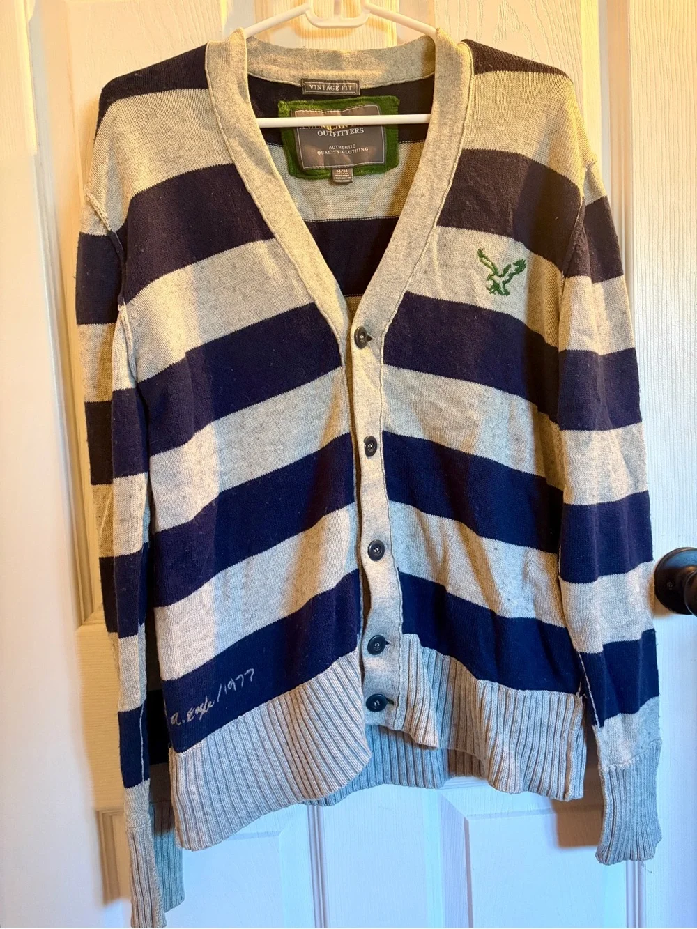 American Eagle Outfitters Navy & Cream Striped Men’s Button Cardigan